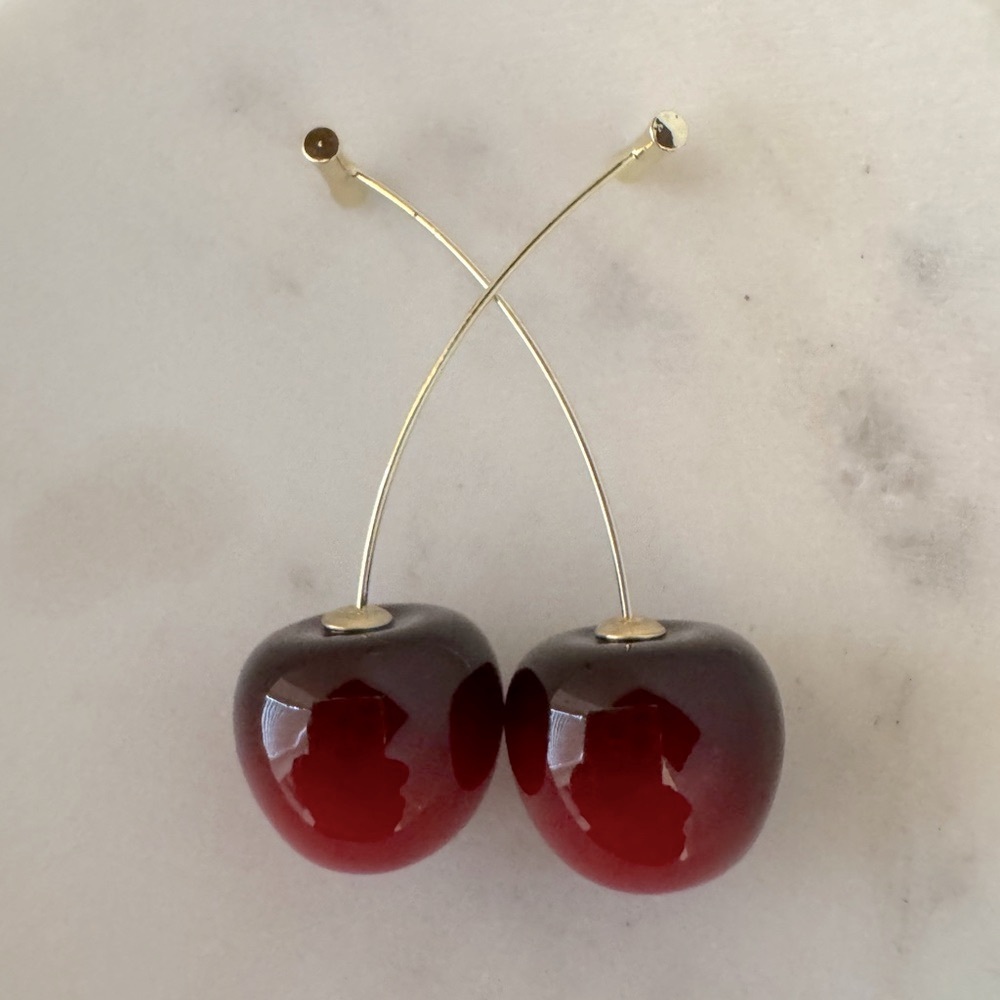 Red Cherry Drop Earrings - Gold Stem